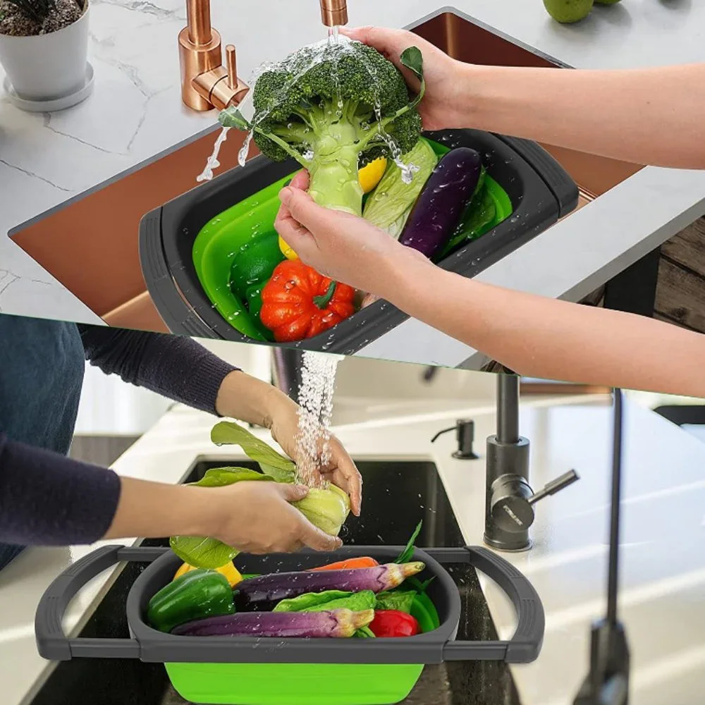 Collapsible Strainer w/ Extendable Handle Over The Sink - Silicone Colander 6Qt